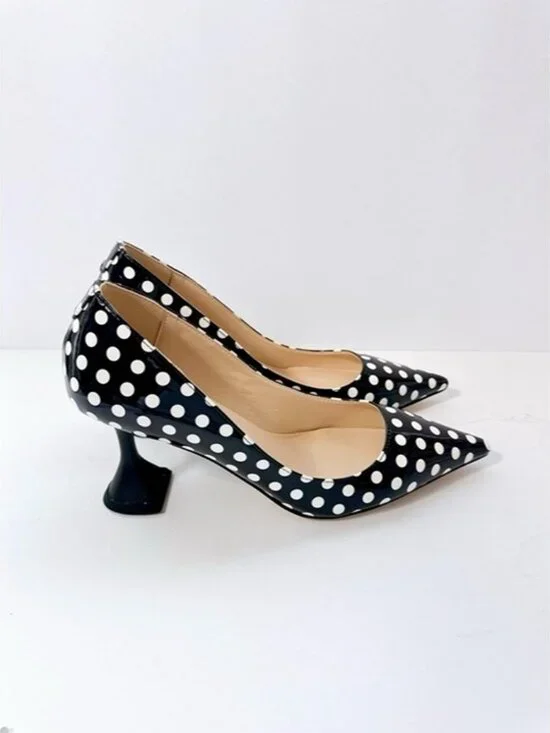 Size 11 Women’s Black White Polka Dot Patent Pointed Toe Heels Pumps YDN - Picture 3 of 12